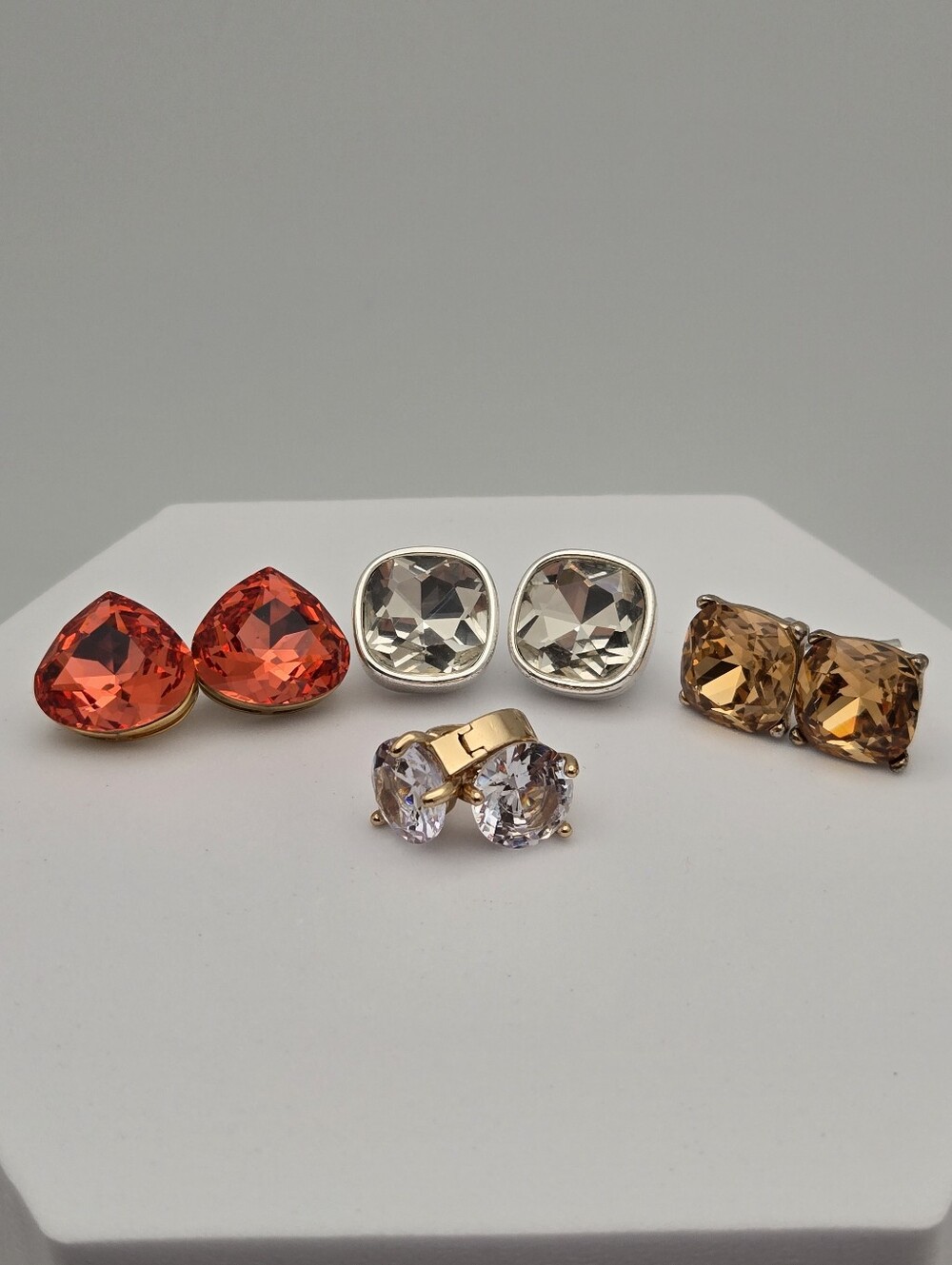 4 Pair Crystal Stud Earring Set Red Heart Cushion Topaz Gold Huggies New